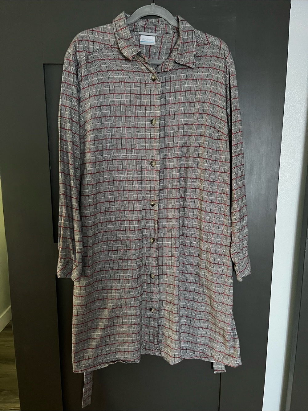 Columbia Gray Button-Down Tunic/Dress with Red Windowpane Plaid